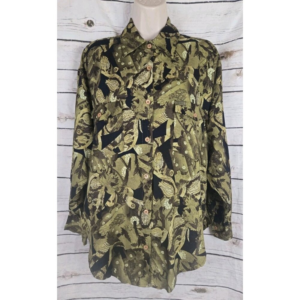 Guess Georges Marciano Green Floral Top S Button Up 100% Rayon